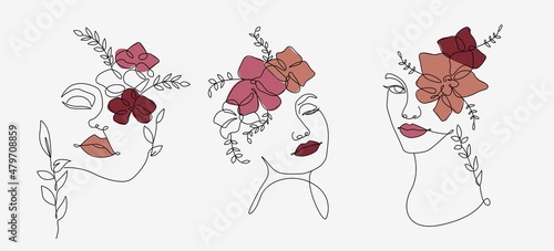 Set of Continuous Line Art of Woman Face and Flowers. Abstract Minimalist Line Drawing with Floral Elements. Design Templates for Posters, Covers, t-Shirt Print, Banner etc. Vector EPS 10