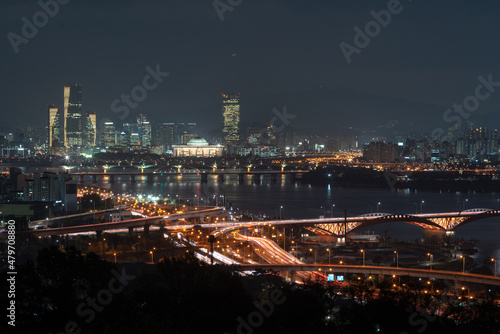 Aerial view of traffic line at seoul city, night view, South Korea. 여의도가 보이는 서울의 야경. 