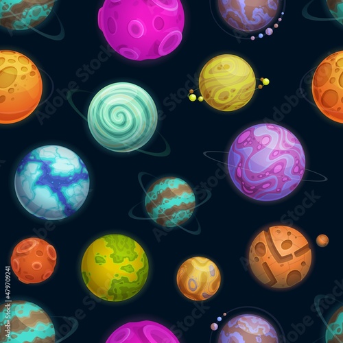 Cartoon space planets and stars seamless pattern. Galaxy fantasy planets and asteroids vector background, wallpaper with alien exoplanets or habitable space worlds with ice, gas and crater surface