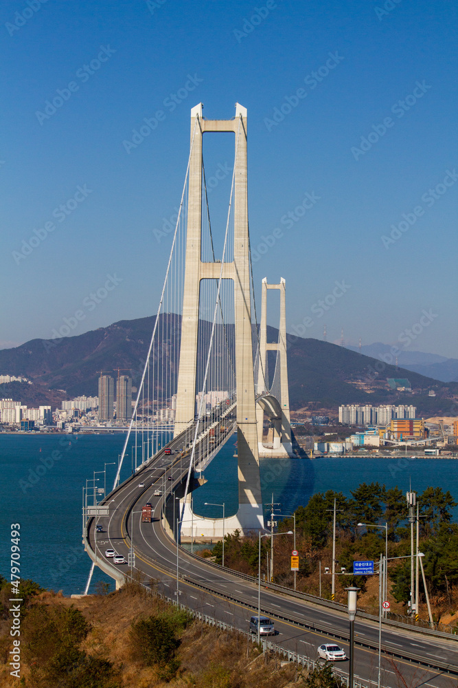 Fototapeta premium Aerial view of the Yi Sunsin bridge in Gwangyang. Drone. Korea. 광양 이순신 대교. 