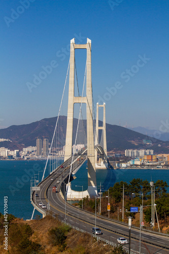 Aerial view of the Yi Sunsin bridge in Gwangyang. Drone. Korea. 광양 이순신 대교.	
 photo