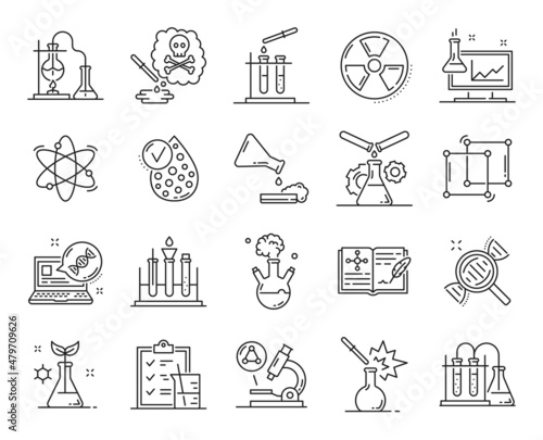 Genetics, medicine and physics, chemistry and biology vector line icons. Medical science laboratory and DNA genetic research technology, microscope and molecules, biotechnology test, lab flasks