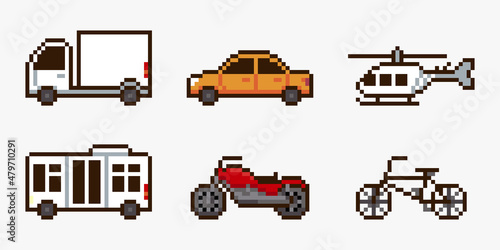 Set of vehicles pixel art