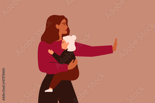 Strong woman protects her child from any threat. White mother with her daughter rejects and raised her hand with a stop sign. Stop violence against children. Vector illustration