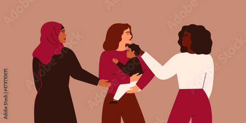 Female community support single mother with her baby. Women help and care about moms with children. Social Aid for safe motherhood Concept. Vector illustration