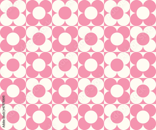 Checkerboard seamless pattern with geometric shaped flowers. Colorful vector background in retro style. Vintage hippie aesthetic, 60s, 70s