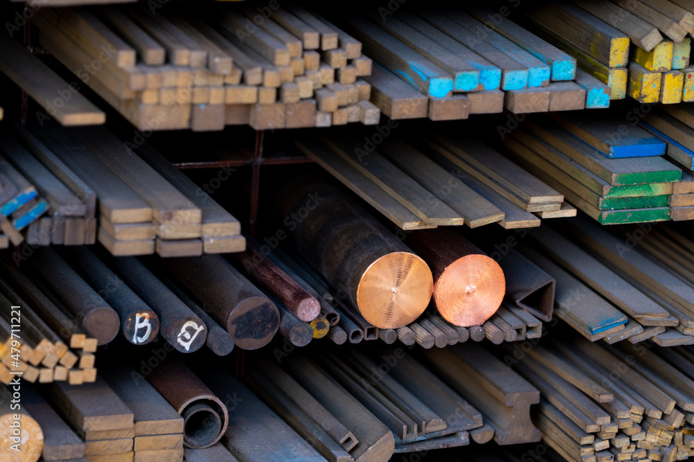 Various shape industrial steel products of metal profiles and tubes. 파이프, 동관, 봉강, 철, 철물 Stock