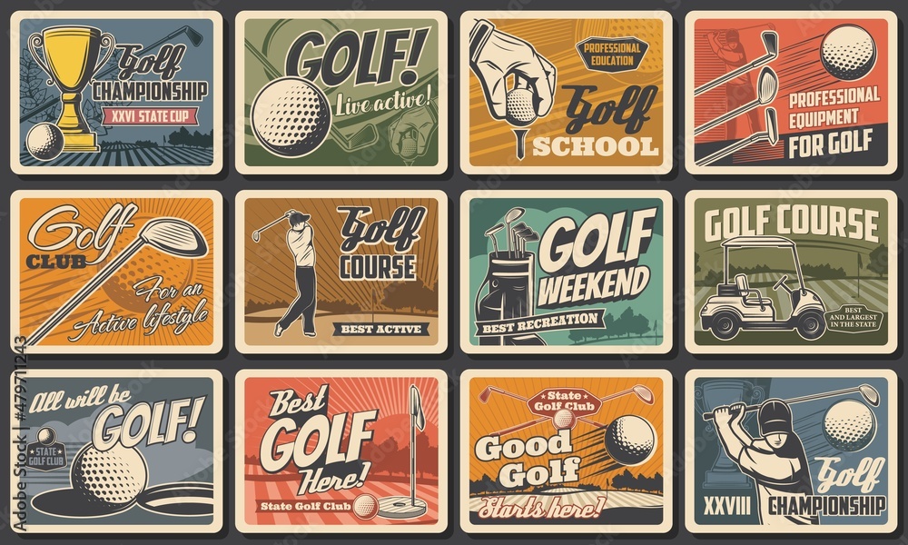 Golf club sport championship, equipment posters, retro vector. Golf club or school course, leisure and recreation tournament, golfer equipment sticks and balls on green course