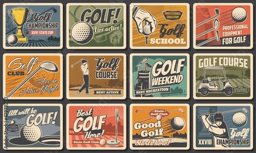 Golf club sport championship, equipment posters, retro vector. Golf club or school course, leisure and recreation tournament, golfer equipment sticks and balls on green course