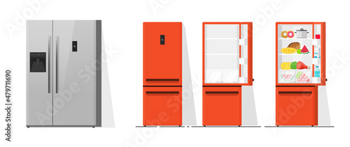 Kitchen fridge stainless side by side vector or metal color refrigerator freezer isolated front with closed and open door with food on white background flat cartoon illustration