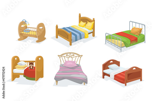 Wooden beds with different headboards cartoon vector illustration set. Collection of furniture for sleep with blankets, colored bed linen and pillows isolated on white background. Interior concept