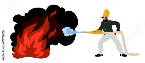 A firefighter extinguishes the flames with water. Uniform of the Russian fire service of the 19th century. Color vector illustration isolated on a white background in a cartoon and flat design.