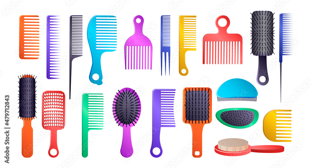 Different hair brushes and accessories set. Vector illustrations of hairbrushes and combs for hair care. Cartoon grooming equipment of hairdresser isolated on white. Barbershop, beauty concept Different hair brushes and accessories set. Vector illustrations of hairbrushes and combs for hair care. Cartoon grooming equipment of hairdresser isolated on white. Barbershop, beauty concept