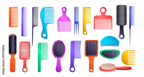 Different hair brushes and accessories set. Vector illustrations of hairbrushes and combs for hair care. Cartoon grooming equipment of hairdresser isolated on white. Barbershop, beauty concept
