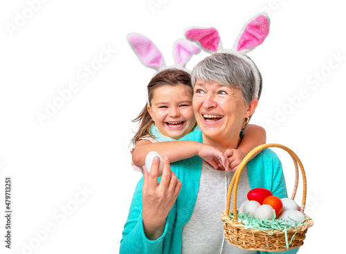 Photography Grandmother and child in bunny ears with easter eggs isolated