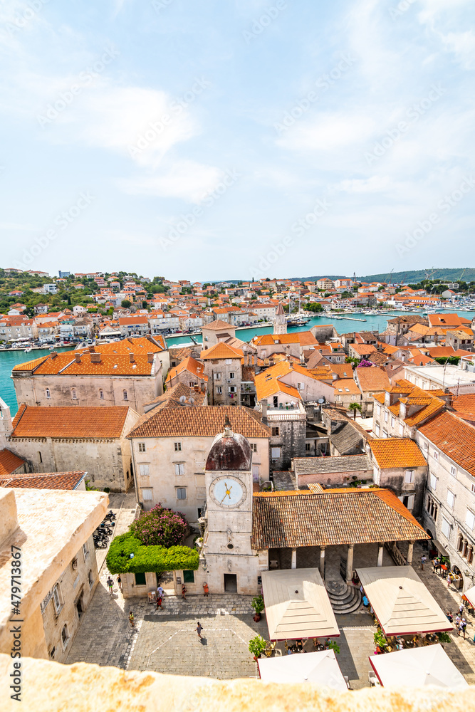Aerial panoramic view of Trogir town, Croatia. Ancient building in old town, view to river and harbor.