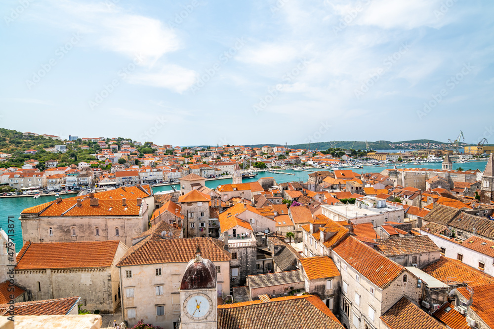 Aerial panoramic view of Trogir town, Croatia. Ancient building in old town, view to river and harbor.