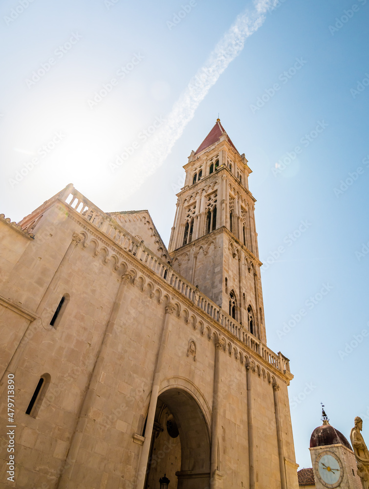 View of cathedral of St Lawrence, Trogir - Croatia. Down to up look to beautiful ancient church tower.