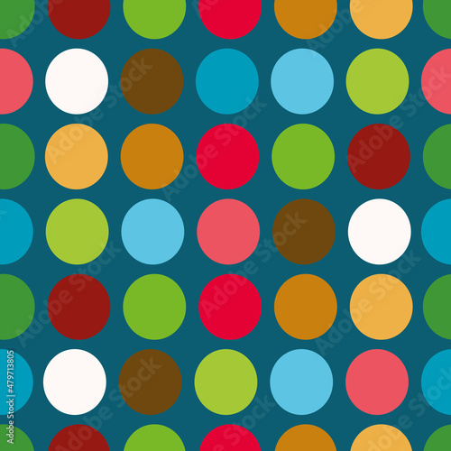 Colorful big dots on blue background seamless repeat pattern print background