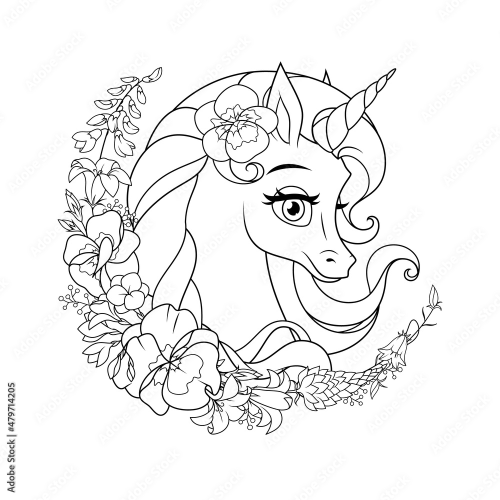Cute cartoon unicorn surrounded with flowers. Vector coloring page ...