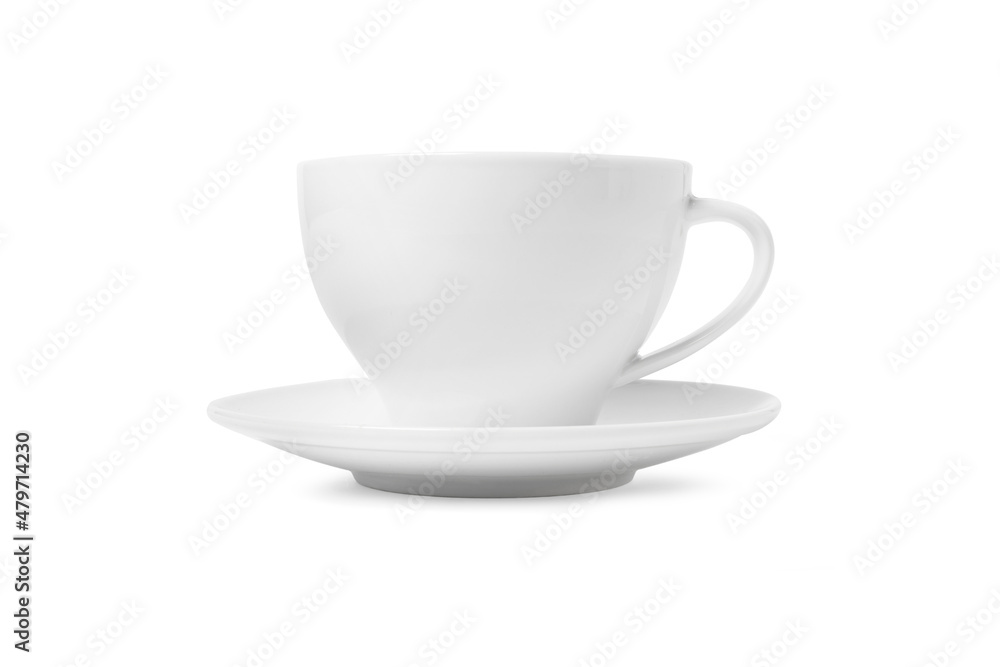 White tea cup and saucer for drink isolated on white background. Ceramic coffee cup or mug close up. Mock-up classic porcelain utensils. Blank ceramic mug mockup template for branding on white. White tea cup and saucer for drink isolated on white background. Ceramic coffee cup or mug close up. Mock-up classic porcelain utensils. Blank ceramic mug mockup template for branding on white.