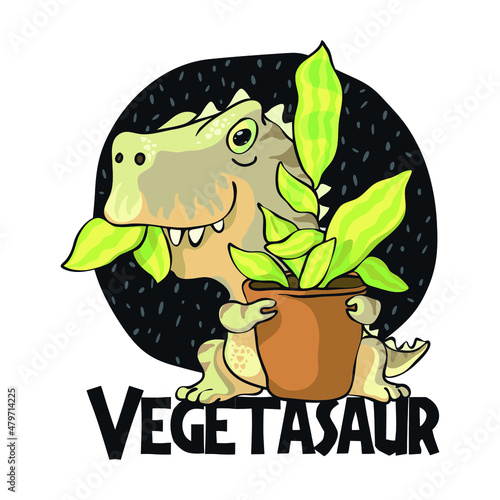 Plant lady t-shirt decoration with cute dinosaur chewing leaf