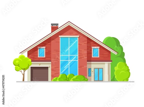 Suburban two-story red brick wall house exterior. Luxury townhouse building, flat vector modern dwelling exterior. Neighborhood real estate property house with garage, pitched roof and trees on yard