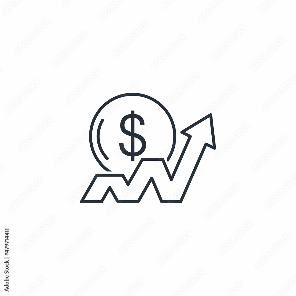 Dollar and chart up. Growth of financial and investment attractiveness. Vector linear icon isolated on white background. Dollar and chart up. Growth of financial and investment attractiveness. Vector linear icon isolated on white background.