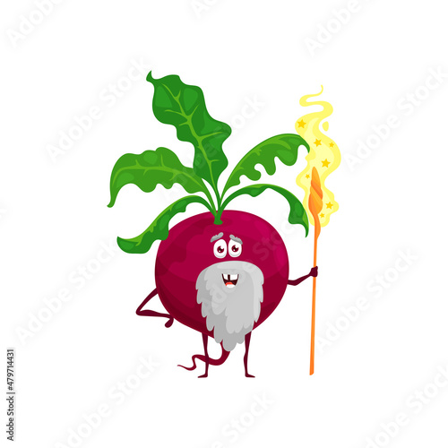 Fotografering Cartoon beetroot wizard character, vector senior magician vegetable with grey beard and magic staff