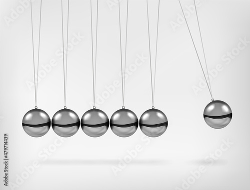 Newton's cradle pendulum with swinging spheres metal balls 3d realistic vector illustration. Hanging balancing balls of newtons cradle science business gadget leadership or communication concept.