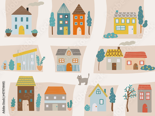 Vector map with houses  roads  trees  flowers and cat.