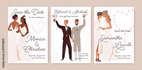 LGBT wedding invitation and Save the Date card designs set. Templates for homosexual love couples marriage ceremony, gay and lesbian, same sex LGBTQ newlyweds. Flat graphic vector illustrations