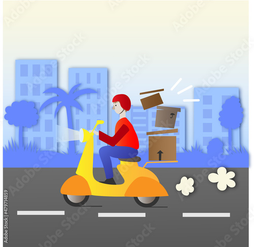 a delivery man delivers boxes around town on a yellow motorcycle 