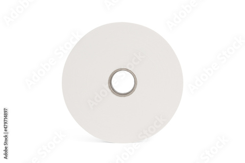 Toilet paper roll isolated on a white background. Cash register tape, slip receipt paper roll with clipping path. Rubber roll. White elastic band roll for sewing close-up. Fabric tape or cloth ribbon.