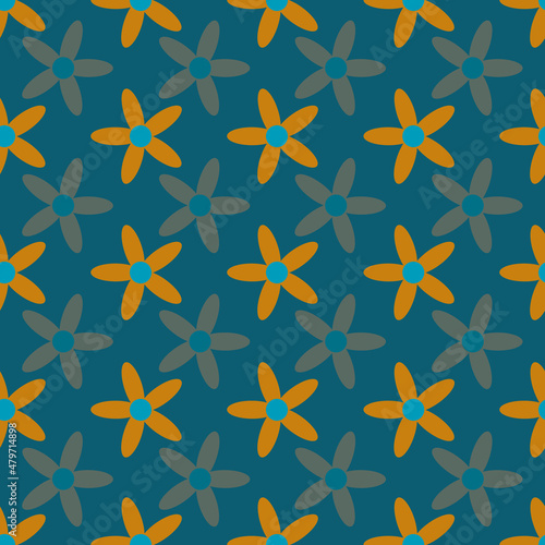 Yellow orange flowers on blue background seamless repeat pattern print