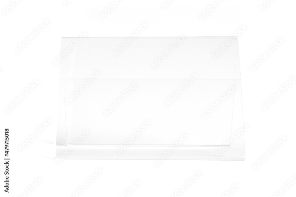 Vertical transparent desk display isolated on white background. Advertising trade stand banner. Mock Up Template. Front view. Table tent menu holder T shaped A4 or A5 format. Plastic ad plate. Vertical transparent desk display isolated on white background. Advertising trade stand banner. Mock Up Template. Front view. Table tent menu holder T shaped A4 or A5 format. Plastic ad plate.