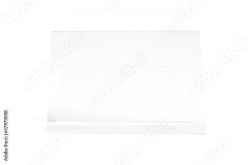 Vertical transparent desk display isolated on white background. Advertising trade stand banner. Mock Up Template. Front view. Table tent menu holder T shaped A4 or A5 format. Plastic ad plate.