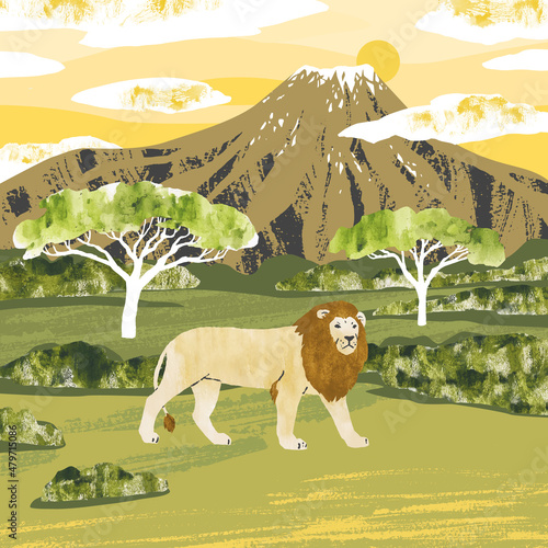 African landscape with Kilimanjaro mountain and lion. Amboseli National Park. Nature vector Illustration with animal, mountain, tree, clouds, sun. 