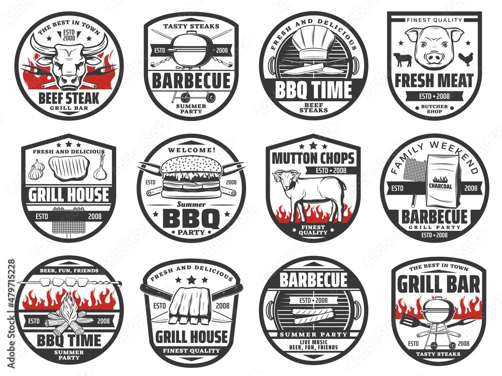 Butcher shop, grill bar and barbecue party icons. Pork, veal and mutton meat chops, ribs and steak, bbq grill, chef toque and charcoal briquettes, knife, fork and skewer vector. Steak house emblem set Butcher shop, grill bar and barbecue party icons. Pork, veal and mutton meat chops, ribs and steak, bbq grill, chef toque and charcoal briquettes, knife, fork and skewer vector. Steak house emblem set