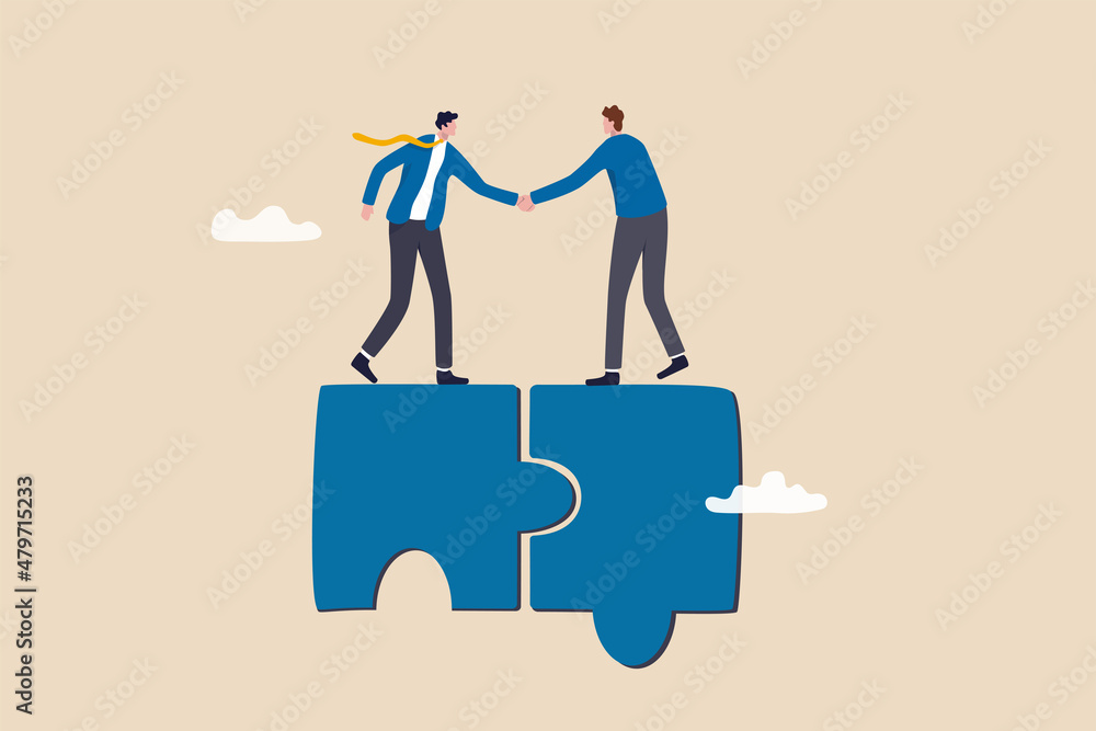 Collaborate, cooperate or partnership and agreement to help business success, together or teamwork support each other concept, success businessmen finish deal and handshake on jigsaw puzzle. - obrazy, fototapety, plakaty 
