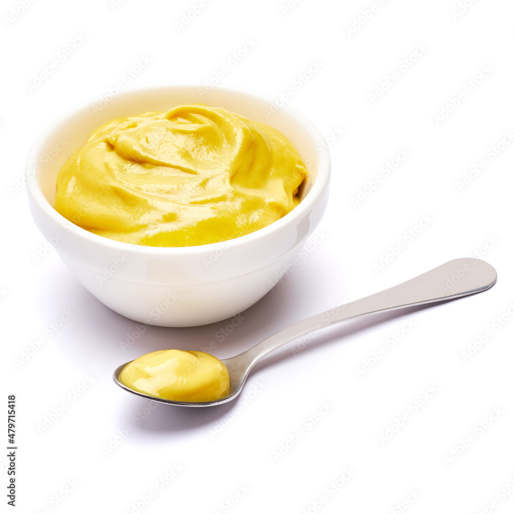 Classic mustard sauce in ceramic bowl isolated on white background Classic mustard sauce in ceramic bowl isolated on white background