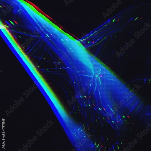 3D illustration of an abstract glitch background. RGB-shift effect. Cyberpunk concept. Colorful techno backdrop with aesthetics of style of 80 s. Creative graphic design for poster  flyer and card.