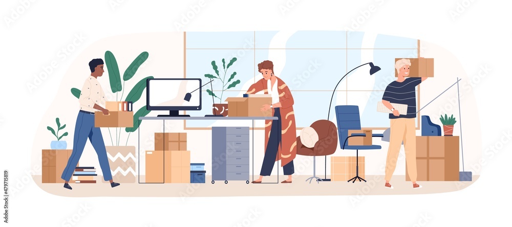 Office relocation concept. People packing cardboard boxes, moving to new location. Men and women employees with packages leaving and relocating. Flat vector illustration isolated on white background Office relocation concept. People packing cardboard boxes, moving to new location. Men and women employees with packages leaving and relocating. Flat vector illustration isolated on white background