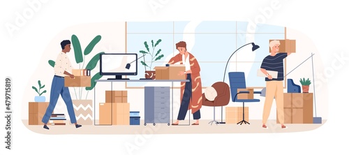 Office relocation concept. People packing cardboard boxes, moving to new location. Men and women employees with packages leaving and relocating. Flat vector illustration isolated on white background