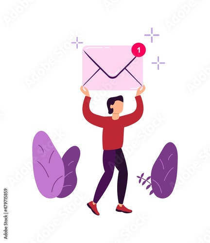 The guy carries a new letter, lifted up the envelope. The man received the mail. Isolated flat illustration. New message icon.