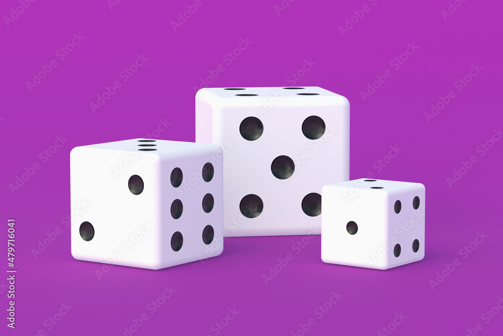 Leisure entertainment for the whole family. Board games. Addiction to gambling. Casino games. Random winnings. Jackpot. Dices cubes on violet background. 3d render Leisure entertainment for the whole family. Board games. Addiction to gambling. Casino games. Random winnings. Jackpot. Dices cubes on violet background. 3d render