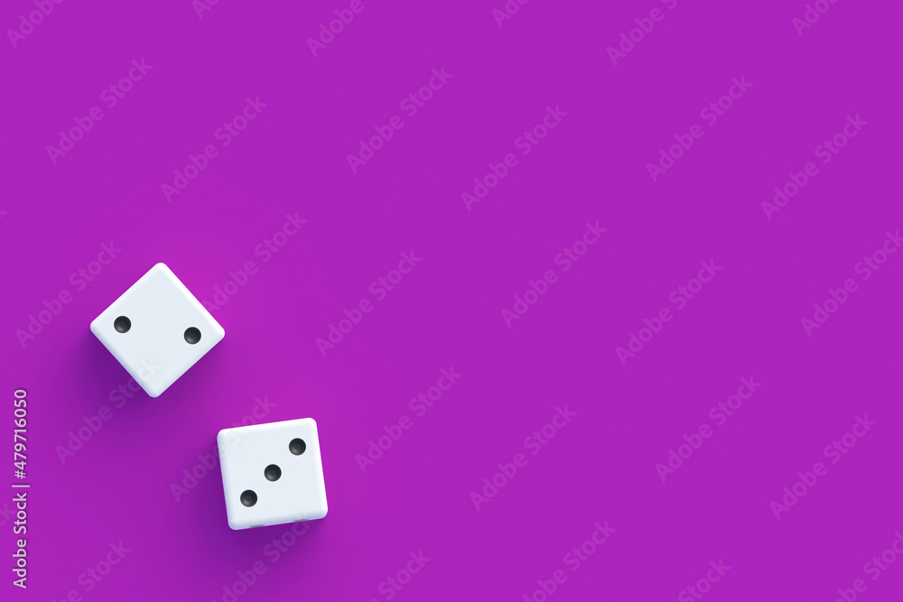 Leisure entertainment for the whole family. Board games. Addiction to gambling. Casino games. Random winnings. Jackpot. Two dices on violet background. Top view. Copy space. 3d render Leisure entertainment for the whole family. Board games. Addiction to gambling. Casino games. Random winnings. Jackpot. Two dices on violet background. Top view. Copy space. 3d render