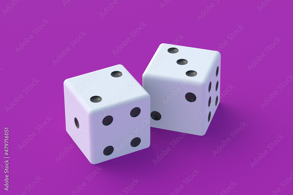 Board games. Addiction to gambling. Casino games. Random winnings. Jackpot. Leisure entertainment for the whole family. Pair of dices on violet background. 3d render Board games. Addiction to gambling. Casino games. Random winnings. Jackpot. Leisure entertainment for the whole family. Pair of dices on violet background. 3d render