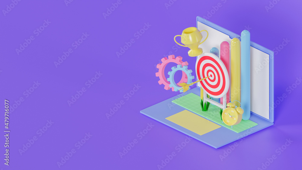 3d illustration of target achievement with arrow on target, discipline, trophy and productivity increase 3d illustration of target achievement with arrow on target, discipline, trophy and productivity increase