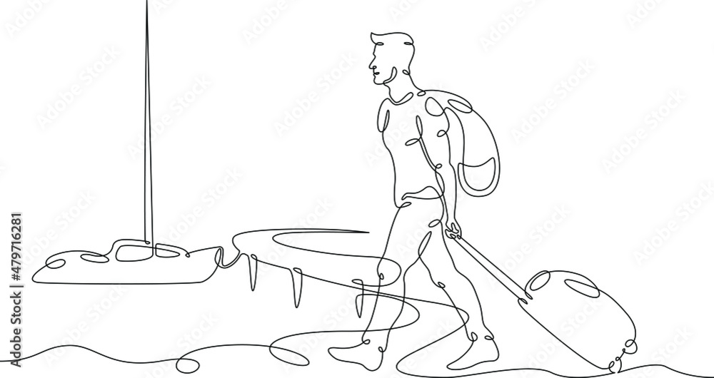 One continuous line.Tourist on vacation.Tourist with a suitcase on the background of the seaside resort. Traveler with luggage by the sea. Pier and tropical island.Continuous line drawing abstract log